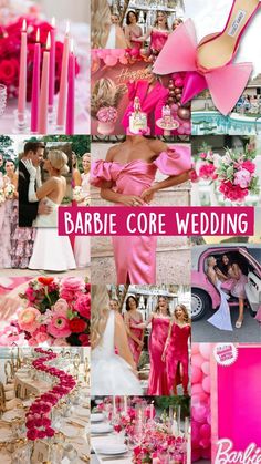 a collage of pink and white wedding pictures with candles, flowers, and brides