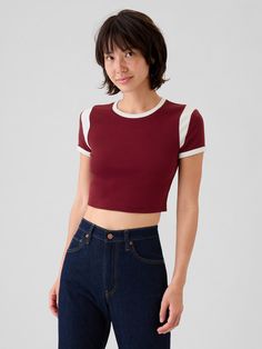 Soft, stretchy cotton-modal ribbed blend cropped T-shirt.  Crewneck.  Short sleeves.  * Fit: Stretch-to-Fit.  Slim & stretchy that forms to your shape.  Ultra-cropped, hits above the waist.  Models wearing Gap Cropped Shirt Outfit, Song Analysis, 80's Clothes, Crop Shirts For Women, 80s Crop Top, Avon Skin So Soft, Aesthetic Board, Female Clothing, Inspo Board