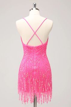 Amzcw Unique Glitter Hot Pink Spaghetti Straps Sequin Tight Homecoming Dress with Tassel V Neck Homecoming Dress, Hot Pink Homecoming, Tight Homecoming Dress, Sequin Homecoming Dress, Lovely Partner, Homecoming Dance, Dress Up Day, Trendy Girl, Dress Occasion