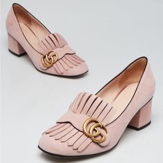 Gucci Kid Scamosciato Gg Marmont Fringe Loafer Suede Pumps Crystal Pink Eur 38.5 Very Good Used Condition, Minor Wear To Suede Upper. Also Has Some Discoloration Above Gg Strap From Black Leather Lining Rubbing Against Light Pink Suede. Not Very Noticeable When Being Worn Though! Suede Upper/Leather Lining/Leather Sole Comes With Original Shoe Box And Two Branded Dust Bags Pink Pointed Toe Loafers For Formal Occasions, Formal Pink Pointed Toe Loafers, Elegant Pink Loafers With Round Toe, Pink Flat Heel Loafers For Workwear, Chic Pink Loafers For Office, Elegant Pink Almond Toe Loafers, Chic Pink Loafers With Round Toe, Pink Flat Heel Loafers For Office, Chic Pink Loafers For Formal Occasions