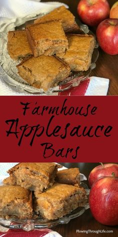 an apple dessert bar with apples in the background and text overlay that reads farmhouse apple sauce bars