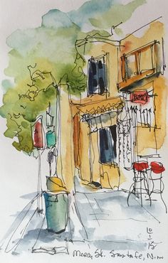 a watercolor drawing of a street corner with tables and chairs in the foreground