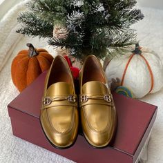 Slip Into This Sleek Style, Featuring A B-Shaped Horsebit Accent And Vintage Gold Colored Patent Leather. Authentic. No Trades. Comes With Box And Dust Bag. Us Size 6, Bally Size 36.5 Gold Slip-on Dress Shoes For Formal Occasions, Gold Dress Shoes With Leather Sole For Party, Party Gold Dress Shoes With Leather Sole, Gold Loafers With Round Toe For Business, Gold Business Loafers With Round Toe, Business Gold Loafers With Round Toe, Gold Leather Dress Shoes For Formal Occasions, Gold Leather Formal Dress Shoes, Formal Gold Leather Dress Shoes