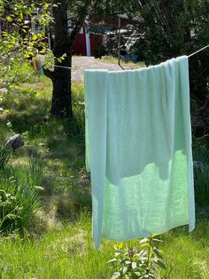 a green towel hanging on a clothes line in the grass