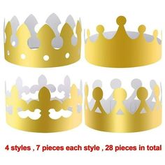 Description: ADJUSTABLE AND REUSABLE: Our party crown hats are designed with 6 slots for adjusting the head size, making them suitable for both kids and adults. Plus, they're reusable, so you can use them again and again. PERFECT FOR ANY OCCASION: Whether you're hosting a birthday party, wedding, bridal shower, or any other celebration, our shiny gold paper crown hats are the perfect addition. They're also great for costume parties and other festive occasions. EYE-CATCHING DESIGN: Made of premiu Royalty Party, Crown Paper, King Crowns, Crown Baby Shower, Paper Hats, Crown For Kids, Crown Party, Paper Crown, Gold Foil Paper