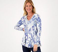 Today's goals: 1. Feel your best. 2. Look your most brilliant. Achieve both with this stunning Cool Touch top. The eye-catching all-over print is a gorgeous choice for anything the day has in store. From Susan Graver. Spring Stretch Top With All Over Print, Stretch Top With All Over Print For Spring, Stretch Tops With All Over Print For Spring, Spring Printed Patterned Top, Patterned Top With All Over Print For Spring, Spring Patterned Top With All Over Print, Susan Graver, Slate Blue, Lace Trim