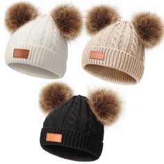 three hats with brown and white fur pom poms