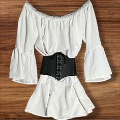 Women’s White Off-The Shoulder Long Bell Sleeve Tunic. Could Be Worn As A Dress. Measurements In Pics. Stretchy Wide Belt Included. Perfect For Pirate Costume, Medieval Cosplay, Or Casual Wear. **Ships Usually Within 1-2 Business Days From Pet-Friendly, Smoke-Free Home. Thanks For Looking.** Casual Fitted Corset Belt For Summer, Casual Summer Corset Belt, Medieval Cosplay, Costume Inspo, White Tunic, Pirate Costume, White Off Shoulder, Dress Measurements, Wide Belt