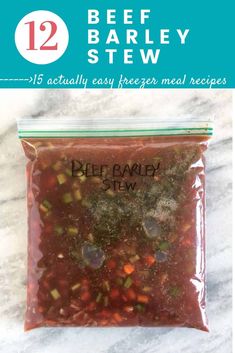 beef barley stew in a bag with text overlay