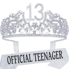 a tiara with the number 13 on it and an official teenager ribbon around it