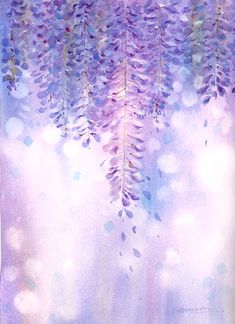 a watercolor painting of purple flowers on a blue and white background with sunlight coming through the leaves