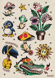 an old school tattoo design with different types of mushrooms, plants and other things on it