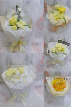 four different pictures of flowers in white paper wrapped around each other and tied together with ribbon