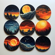 six painted coasters with mountains and stars in the sky at night, each featuring a full moon