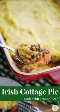 a close up of a casserole dish with meat and vegetables on the side