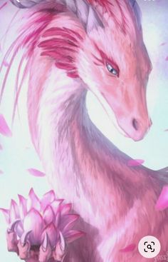 an animal with pink hair standing in front of a blue sky and purple leaves on it's back