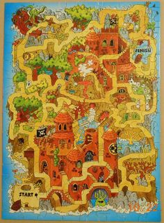 a puzzle board with an image of a castle in the middle and lots of trees on it