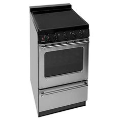 a silver and black stove with two ovens on top of each burner in front of a white background