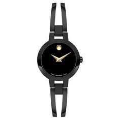 Movado Amorosa 24mm Black Dial & PVD Stainless Steel Quartz Ladies Watch 607795 Modern elegance with a sleekly sculpted silhouette. We’ve paired our iconic museum dial to a slender jewelry inspired bangle watch to create an effortlessly chic essential. This timepiece is crafted from black PVD and features a petite 24mm case, gleaming yellow gold toned accents, a double bar bangle bracelet with back sizing links and a jewelry clasp closure. Quartz movement. Water resistance up to 30 meters. Case Black Museum, Movado Watch, Bangle Watches, Stainless Steel Bangles, Jewelry Clasps, Black Stainless Steel, Stainless Steel Watch, Black Watch, Modern Elegance