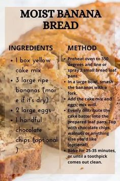 a loaf of banana bread with instructions for baking