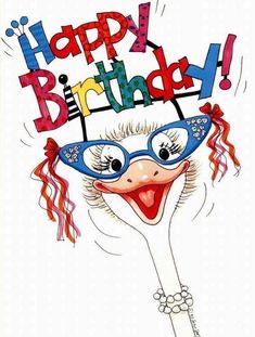 a happy birthday card with an image of a clown wearing glasses