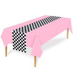 a pink tablecloth with black and white checkers on it