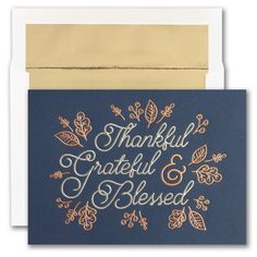 a thank card with the words grateful and be loved in gold lettering on a blue background