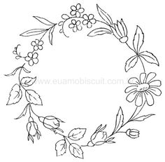 a circular frame with flowers and leaves drawn in black ink on a white background, vintage line drawing or engraving style