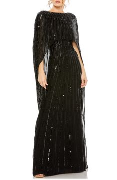 Channel showstopping energy in this sequin-adorned column gown boasting a bold capelet detail for extra drama. 61" length Bateau neck Long capelet sleeves Lined, except sleeves 100% polyester Spot clean Imported Asian Owned/Founded Black Cape Dress, Asymmetrical Cape, Pinterest People, Cape Gown, Look Formal, Formal Dresses With Sleeves, Evening Dresses With Sleeves, Beaded Chiffon, Column Gown