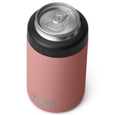 the yeti can cooler is pink and has a black cap on it's side