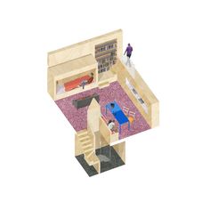 a model of a living room with stairs and a table in the center, as well as a person standing on top of it