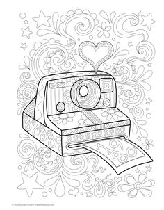 a coloring page with an image of a polaroid camera and stars in the background