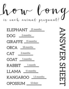 an animal print with the words how long is each animal pregnant?