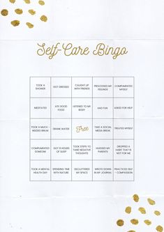 a white sheet with gold confetti on it and the words self care bingo