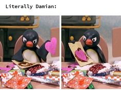 two pictures of a penguin eating cake with the caption'literally daman '