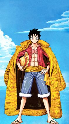 an anime character standing in front of a blue sky with clouds and water behind him