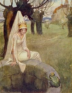 a painting of a woman sitting on top of a stone wall next to a frog