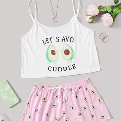 Avocado & Letter Print, Spaghetti Strap The Elastic Waistband And Drawstring Decoration On Short Suitable For Casual, Home, Spa, Party, Vacation, Honeymoon, Etc Sleep In Style And Cozy Comfort With These Cute Cami Top And Short Sets Cute Cotton Sleepwear For Vacation, Cute Camisole Sleepwear For Lounging, Cute Camisole Sleepwear For Loungewear, Cute Sleepwear With Letter Print, Cute Letter Print Sleepwear For Pajama Party, Cute Camisole Sleepwear, Cute Sleepwear With Spaghetti Straps For Loungewear, Cute Letter Print Sleepwear, Cotton Sleepwear With Spaghetti Straps For Vacation