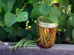 a jar filled with pickles sitting on top of a wooden bench next to green leaves