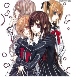 three anime characters are hugging each other