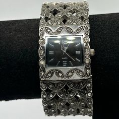 Silver & Black Vivian Cuff Watch. Fully Functional With Brand New Batteries. Fits 6 1/2 In Wrist Or Near. P8 Silver Party Watches, Silver Analog Watch For Evening, Silver Formal Watch With Adjustable Fit, Silver Adjustable Formal Watch, Silver Metal Evening Watch, Cuff Watch, Silver Accessories, Accessories Watches, Black Silver