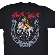 Giddy up, y'all! Introducing our brand new unisex t-shirt - the perfect blend of Western style and cozy comfort. Whether you're an urban cowpoke or a true cowboy at heart, get ready to ride through life Western style! This T-shirt features a large back graphic and pocket-print front. AS Colour – Men’s Staple Regular Tee Made from beautifully soft 180 GSM 100% cotton, the t-shirt is super comfy with a great modern cut. Features Shoulder to Shoulder tape for excellent shape and double needle botto Western Style Crew Neck T-shirt With Graphic Print, Graphic Print Crew Neck T-shirt For Rodeo, Western Style Screen Print T-shirt For Western-themed Events, Casual Crew Neck T-shirt For Western-themed Events, Black Short Sleeve Western Tops, Rodeo Graphic Crew Neck T-shirt, Rodeo Graphic Tee With Crew Neck, Western-themed Crew Neck T-shirt, Western Style Crew Neck T-shirt For Themed Events