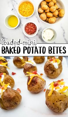 baked mini baked potato bites with cheese on top and other ingredients in bowls around them