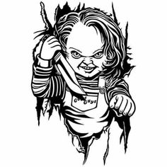 a black and white drawing of a child with an evil look on her face, holding a