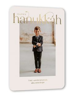 a card with the words happy hanukkah and a photo of a little boy in a suit