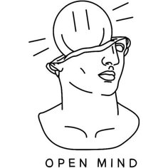 a black and white drawing of a man's face with the words open mind above it