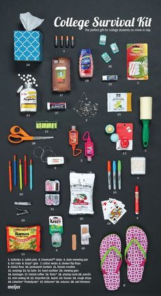 an advertisement for college survival kit with items on the blackboard in front of it