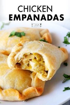 chicken empanadas on a white plate with the title text overlay reads chicken empanadas