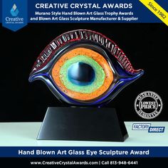 Hand blown art glass eye sculpture award, Murano style art glass eye figurine award, artistic glass eye award, eye art glass award, art glass eye shape award, eye shaped art glass award, Murano glass eye replica Eye Sculpture, Glass Trophies, Recognition Gifts, Glass Awards, Corporate Awards, Crystal Awards, Glass Sculptures, Trophies & Awards, Shape Art