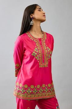 Fuchsia silk kurta featuring multicolour cutwork, thread embroidery, and mirror embellishments. Paired with matching pants adorned with intricate designs., Fit: Relaxed Short Kurta, Pant For Women, Pant Women, Silk Kurta, Embroidered Neckline, Women Kurta, Kurta With Pants, Silk Shorts, Thread Embroidery